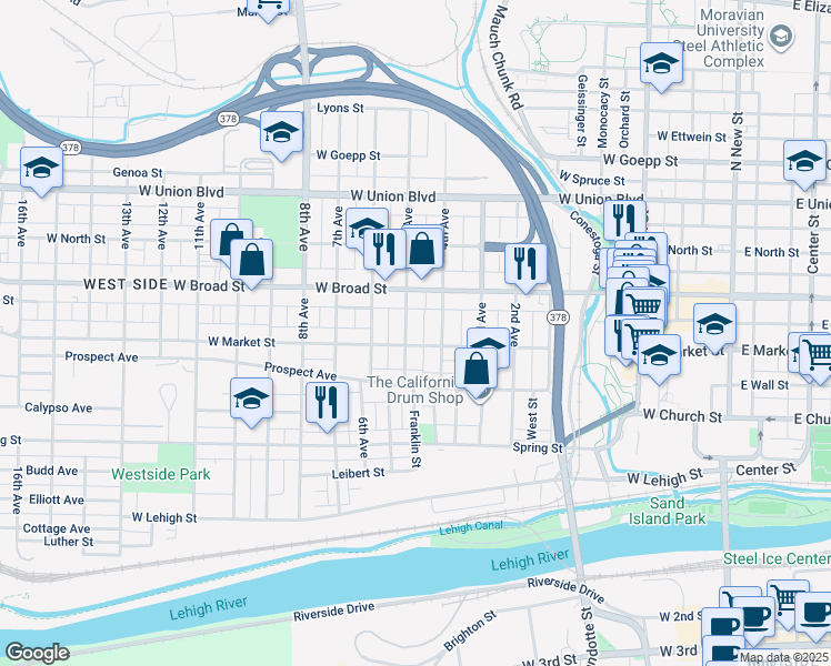 map of restaurants, bars, coffee shops, grocery stores, and more near 510 5th Avenue in Bethlehem