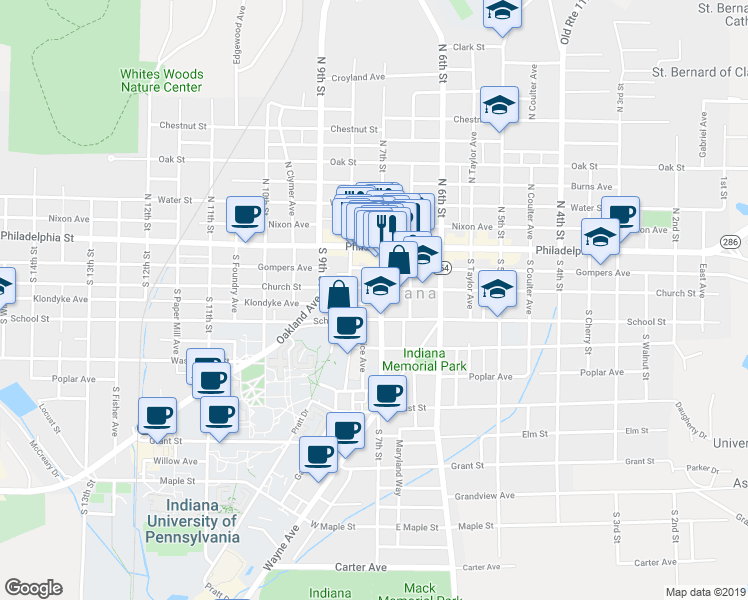map of restaurants, bars, coffee shops, grocery stores, and more near 100 South 7th Street in Indiana