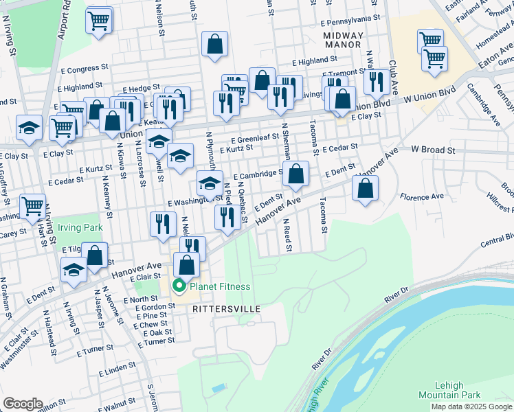 map of restaurants, bars, coffee shops, grocery stores, and more near 725 North Quincy Street in Allentown