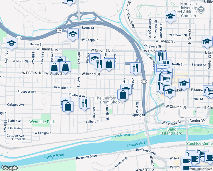 map of restaurants, bars, coffee shops, grocery stores, and more near 510 5th Avenue in Bethlehem