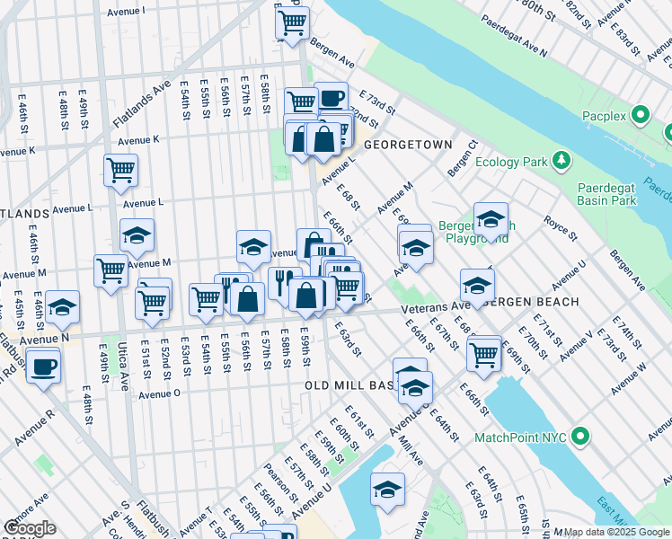 map of restaurants, bars, coffee shops, grocery stores, and more near 1322 East 65th Street in Brooklyn