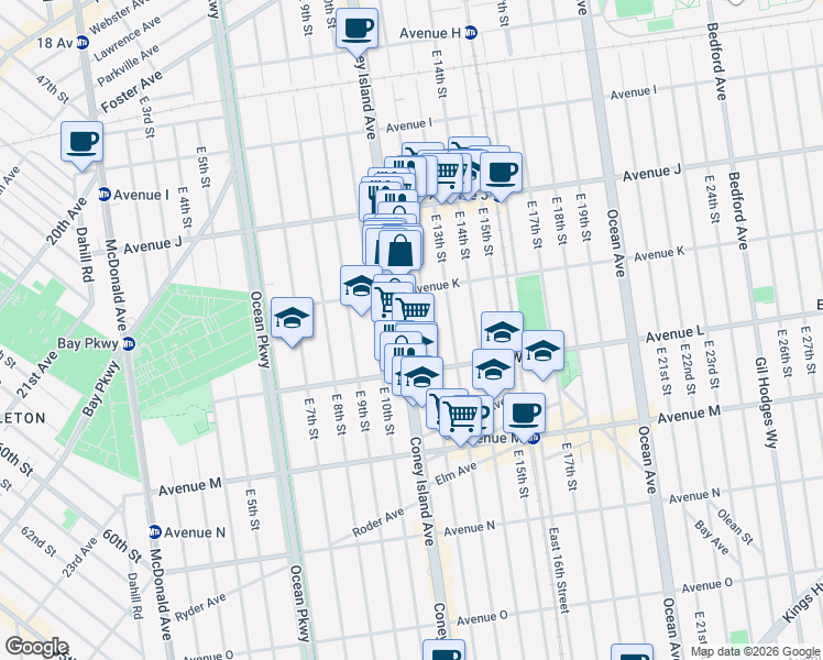 map of restaurants, bars, coffee shops, grocery stores, and more near 1142 East 12th Street in Brooklyn