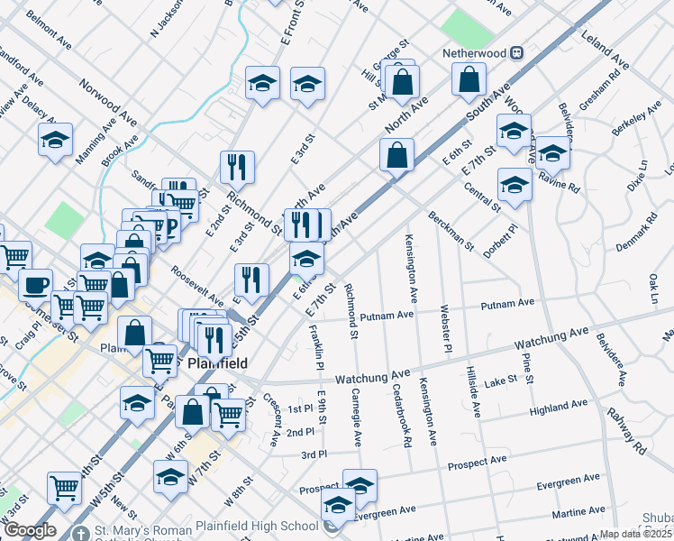 map of restaurants, bars, coffee shops, grocery stores, and more near 601-03 Richmond Street in Plainfield