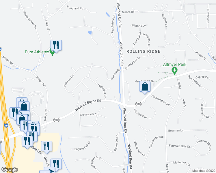 map of restaurants, bars, coffee shops, grocery stores, and more near 602 Overlook Court in Wexford