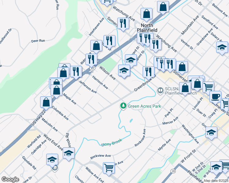 map of restaurants, bars, coffee shops, grocery stores, and more near 20 Harrison Avenue in North Plainfield