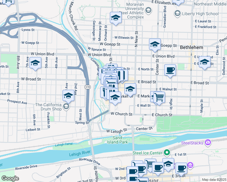 map of restaurants, bars, coffee shops, grocery stores, and more near 528 Main Street in Bethlehem