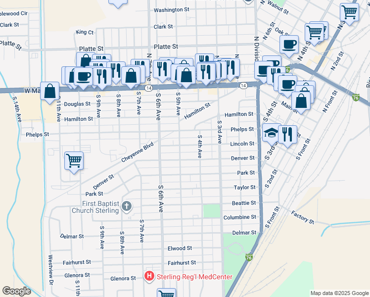 map of restaurants, bars, coffee shops, grocery stores, and more near 425 Lincoln Street in Sterling