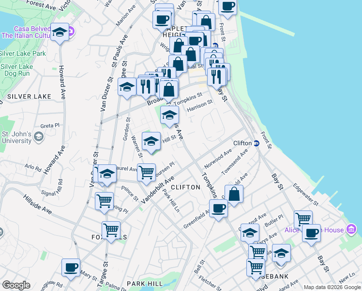 map of restaurants, bars, coffee shops, grocery stores, and more near 119 Tompkins Avenue in Staten Island