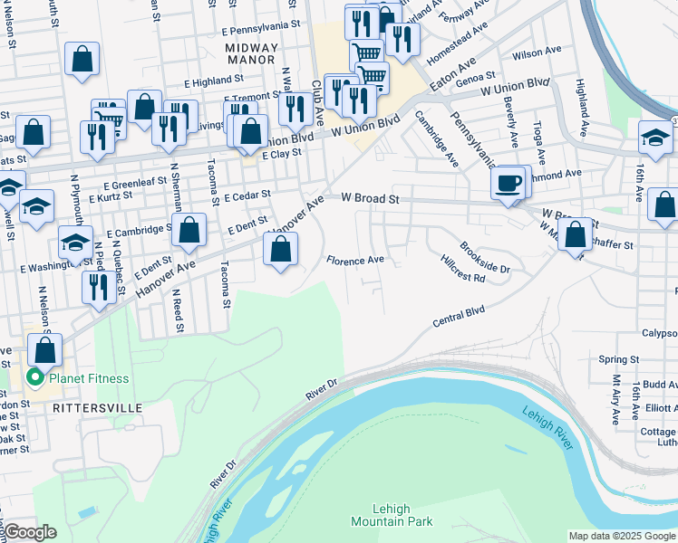 map of restaurants, bars, coffee shops, grocery stores, and more near 341 Central Park Avenue in Bethlehem