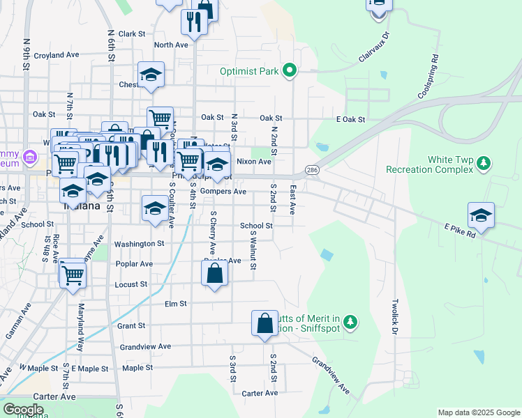 map of restaurants, bars, coffee shops, grocery stores, and more near 230 Church Street in Indiana