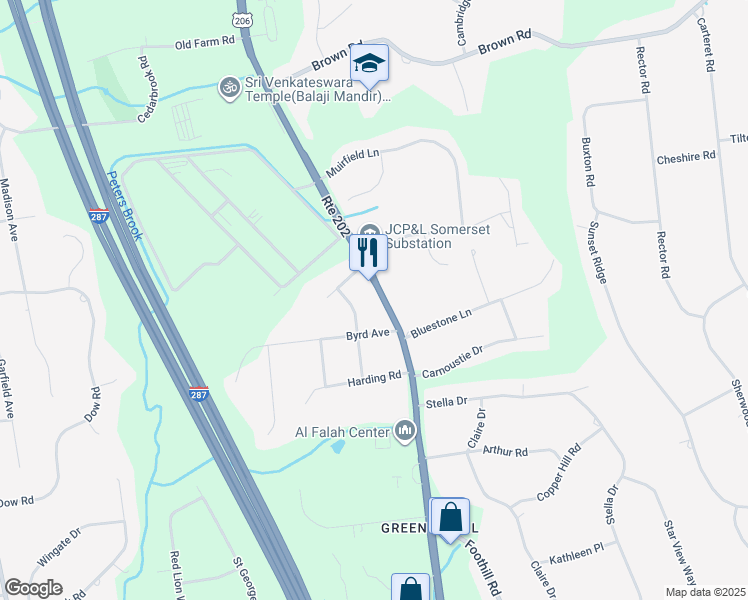 map of restaurants, bars, coffee shops, grocery stores, and more near 206 RR 202 in Bridgewater Township