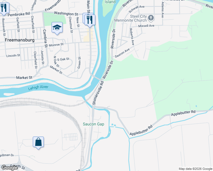 map of restaurants, bars, coffee shops, grocery stores, and more near 64 Shimersville Road in Bethlehem