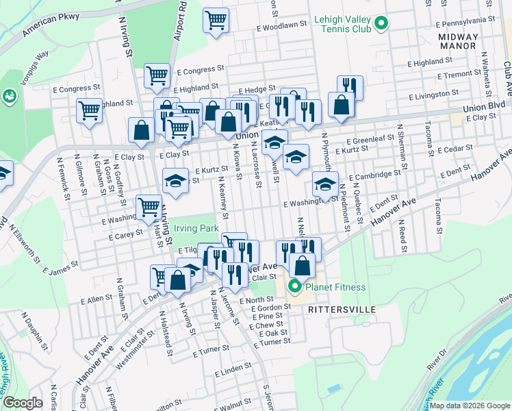 map of restaurants, bars, coffee shops, grocery stores, and more near 807 North Lacrosse Street in Allentown