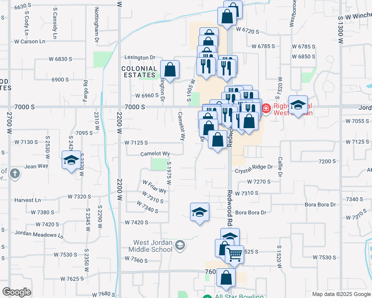 map of restaurants, bars, coffee shops, grocery stores, and more near 7149 Camelot Way in West Jordan