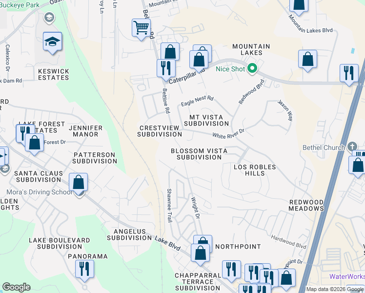map of restaurants, bars, coffee shops, grocery stores, and more near 4340 Swallowtail Court in Redding
