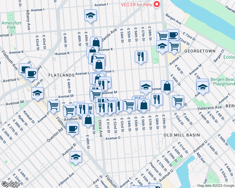 map of restaurants, bars, coffee shops, grocery stores, and more near 5220 Avenue M in Brooklyn