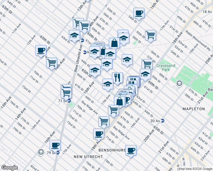 map of restaurants, bars, coffee shops, grocery stores, and more near 1647 65th Street in Brooklyn