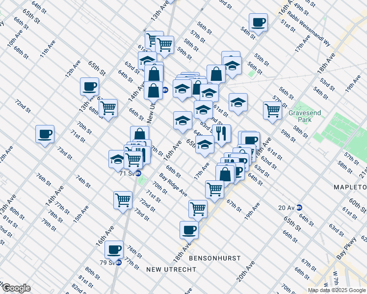 map of restaurants, bars, coffee shops, grocery stores, and more near 6511 16th Avenue in Brooklyn