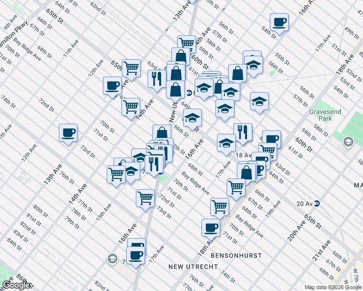 map of restaurants, bars, coffee shops, grocery stores, and more near 6615 Duryea Court in Brooklyn