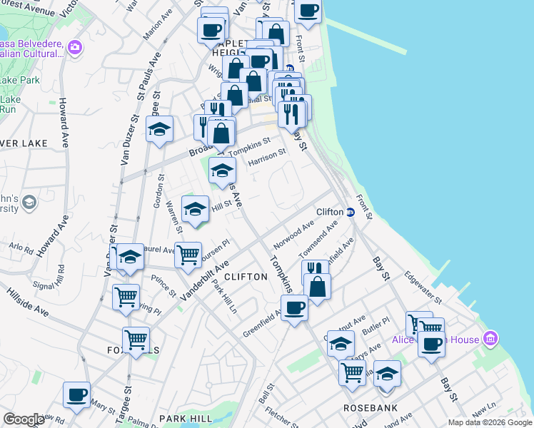 map of restaurants, bars, coffee shops, grocery stores, and more near 135 Vanderbilt Avenue in Staten Island
