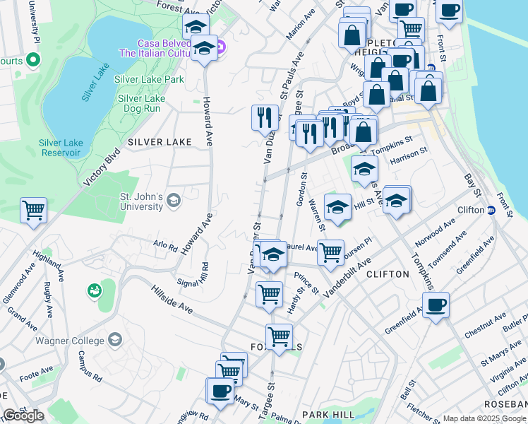 map of restaurants, bars, coffee shops, grocery stores, and more near 737 Van Duzer Street in Staten Island