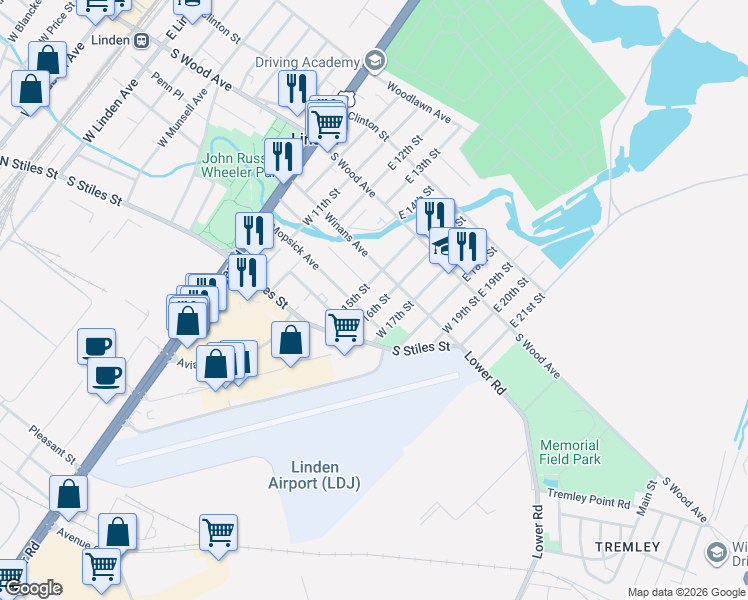 map of restaurants, bars, coffee shops, grocery stores, and more near 201 West 15th Street in Linden