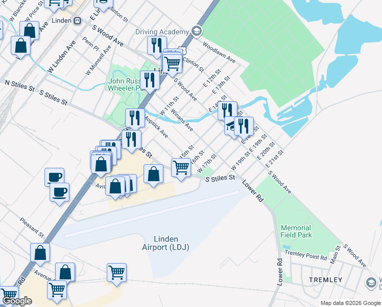 map of restaurants, bars, coffee shops, grocery stores, and more near 201 West 15th Street in Linden