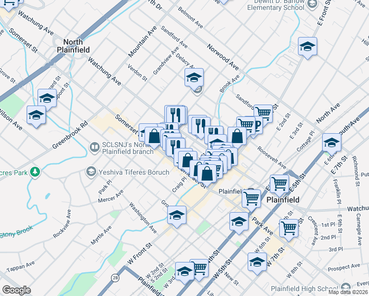 map of restaurants, bars, coffee shops, grocery stores, and more near 40 Chatham Street in North Plainfield