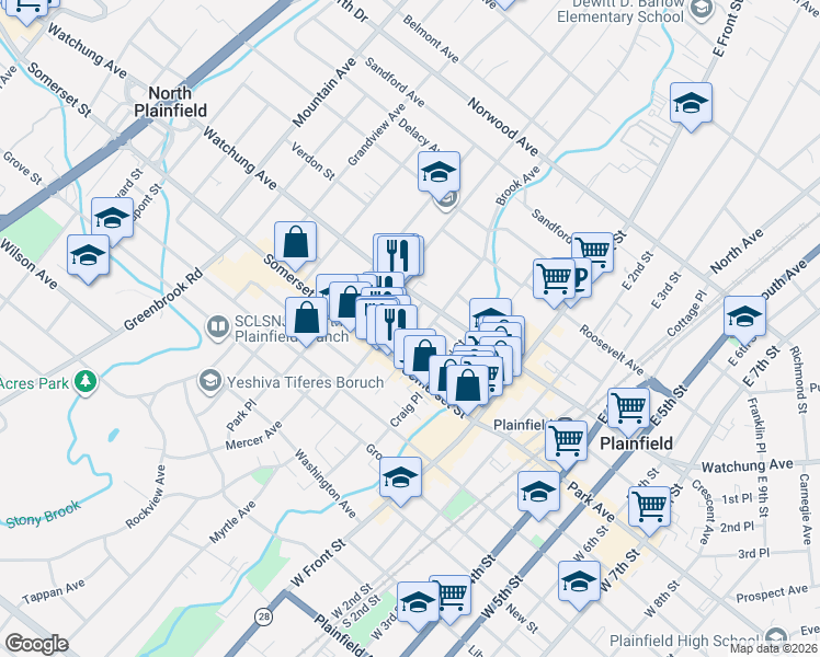 map of restaurants, bars, coffee shops, grocery stores, and more near 24 Race Street in North Plainfield