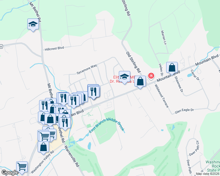 map of restaurants, bars, coffee shops, grocery stores, and more near 4 Puddingstone Way in Warren
