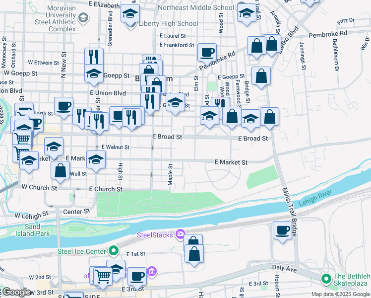 map of restaurants, bars, coffee shops, grocery stores, and more near 430 East Broad Street in Bethlehem
