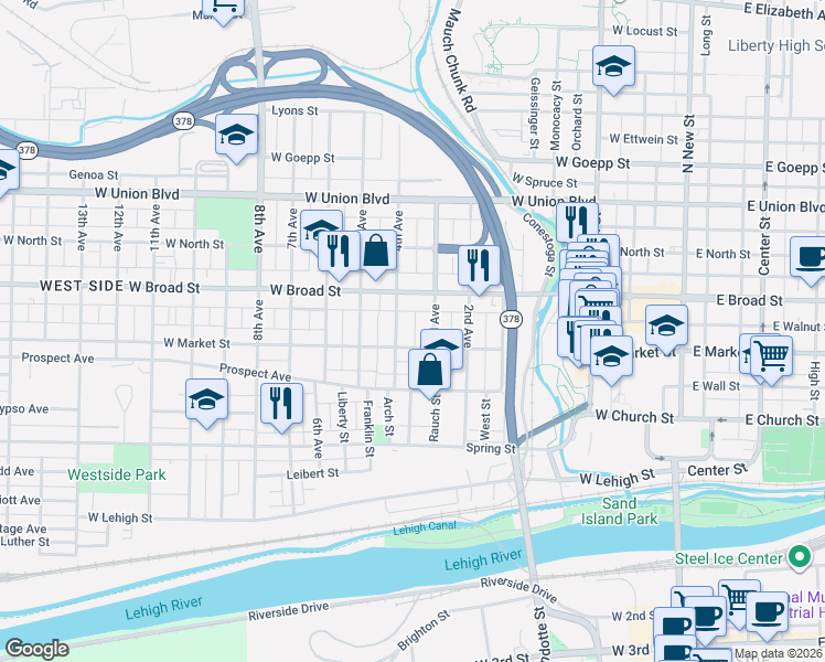 map of restaurants, bars, coffee shops, grocery stores, and more near 521 3rd Avenue in Bethlehem