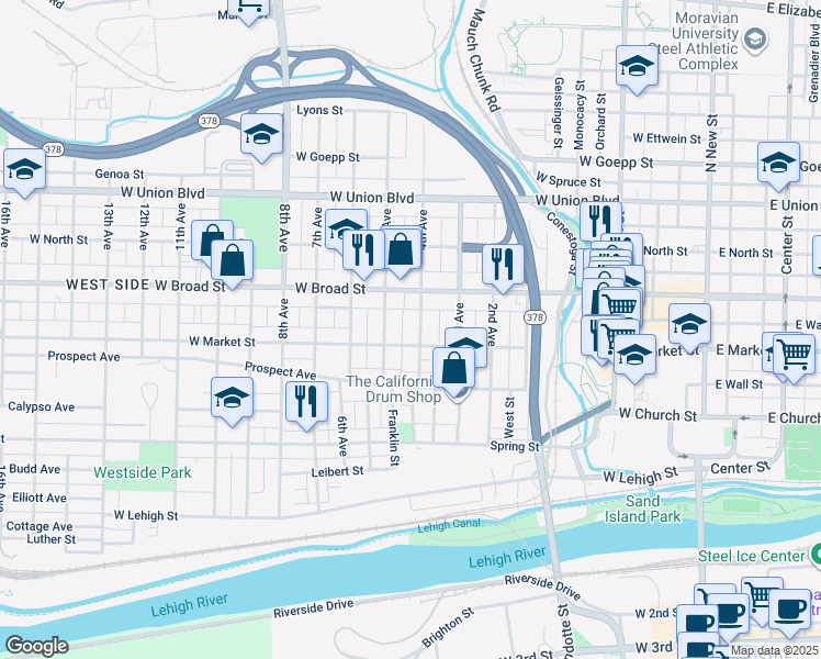 map of restaurants, bars, coffee shops, grocery stores, and more near 513 4th Avenue in Bethlehem