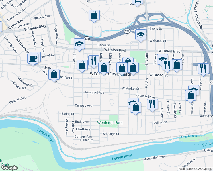 map of restaurants, bars, coffee shops, grocery stores, and more near 516 12th Avenue in Bethlehem