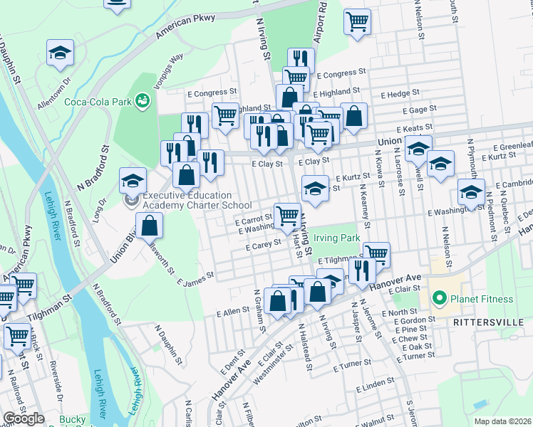 map of restaurants, bars, coffee shops, grocery stores, and more near 752 East Cedar Street in Allentown