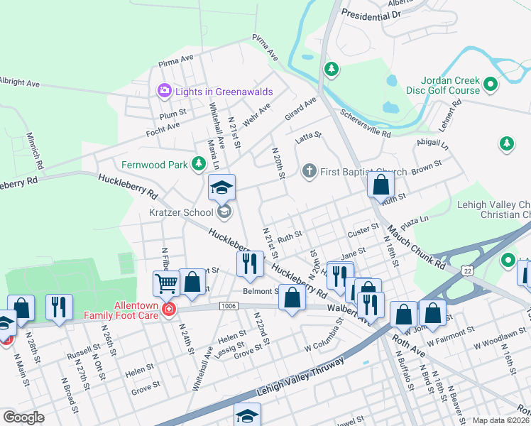 map of restaurants, bars, coffee shops, grocery stores, and more near 1823 North 21st Street in Allentown