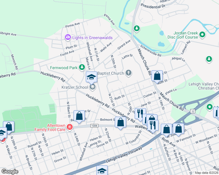 map of restaurants, bars, coffee shops, grocery stores, and more near 1823 North 21st Street in Allentown
