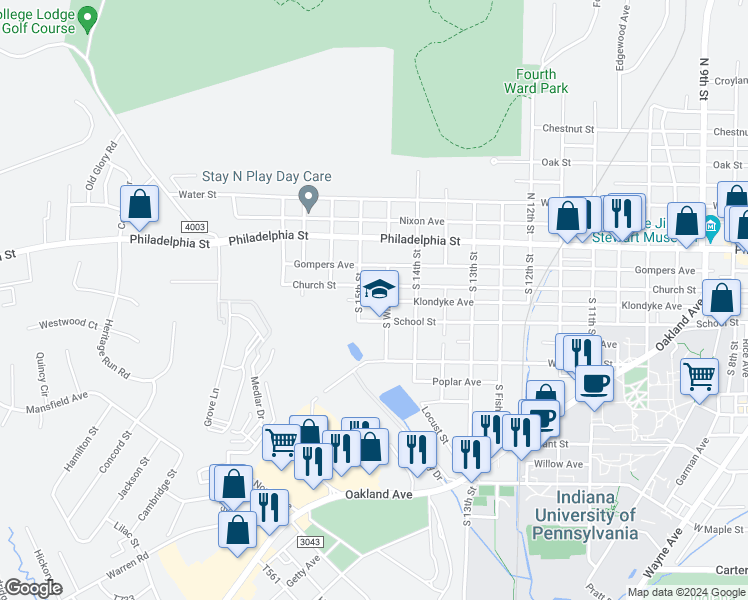 map of restaurants, bars, coffee shops, grocery stores, and more near 1464 Church Street in Indiana