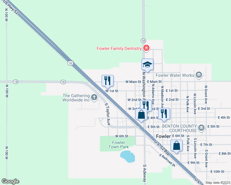 map of restaurants, bars, coffee shops, grocery stores, and more near 307 West 1st Street in Fowler