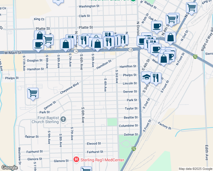 map of restaurants, bars, coffee shops, grocery stores, and more near 329 Lincoln Street in Sterling