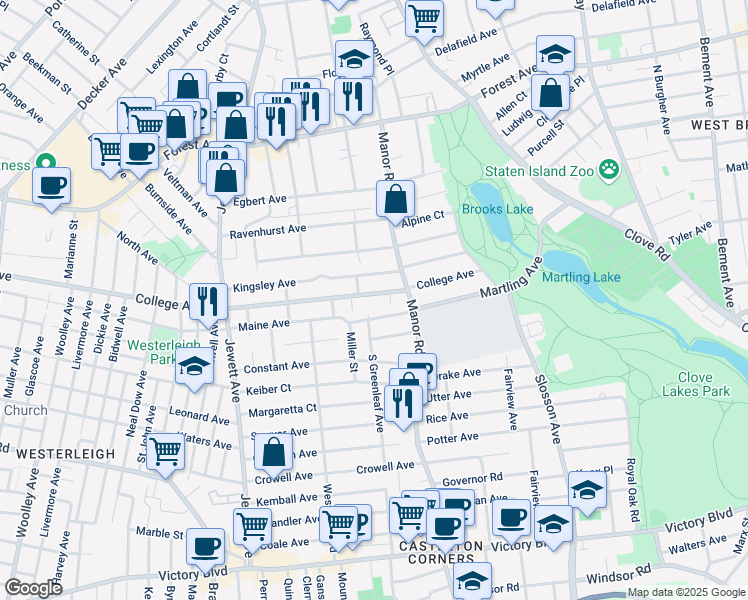 map of restaurants, bars, coffee shops, grocery stores, and more near 136 College Avenue in Staten Island