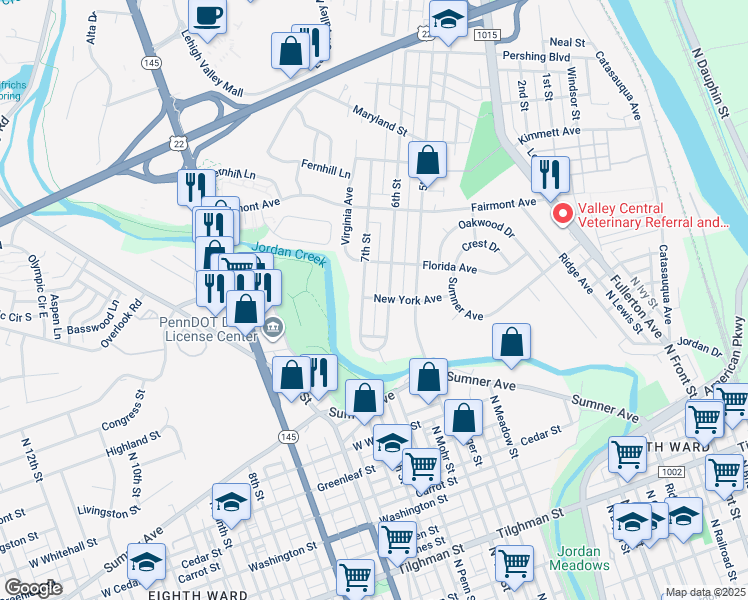 map of restaurants, bars, coffee shops, grocery stores, and more near 624 New York Avenue in Fullerton
