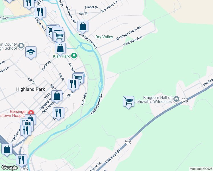 map of restaurants, bars, coffee shops, grocery stores, and more near 880 Parcheytown Road in Lewistown