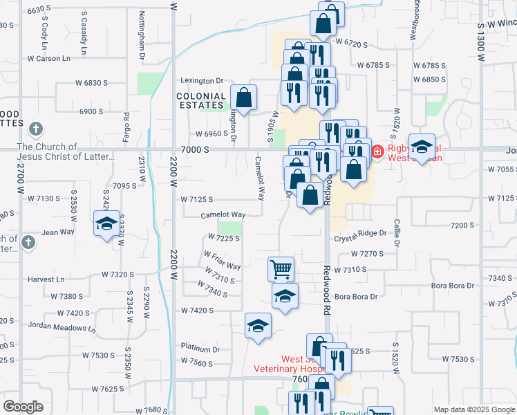 map of restaurants, bars, coffee shops, grocery stores, and more near 7150 Camelot Way in West Jordan