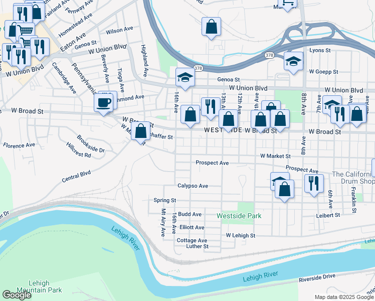 map of restaurants, bars, coffee shops, grocery stores, and more near 1602 West Market Street in Bethlehem