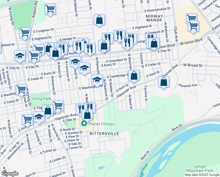 map of restaurants, bars, coffee shops, grocery stores, and more near 1638 East Washington Street in Allentown