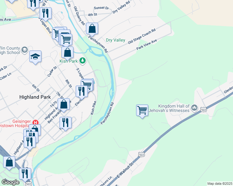 map of restaurants, bars, coffee shops, grocery stores, and more near 880 Parcheytown Road in Lewistown