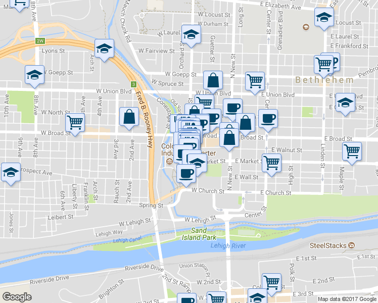 map of restaurants, bars, coffee shops, grocery stores, and more near 532 Main Street in Bethlehem