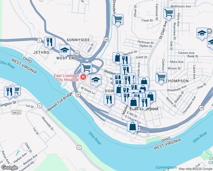 map of restaurants, bars, coffee shops, grocery stores, and more near West 6th Street in East Liverpool