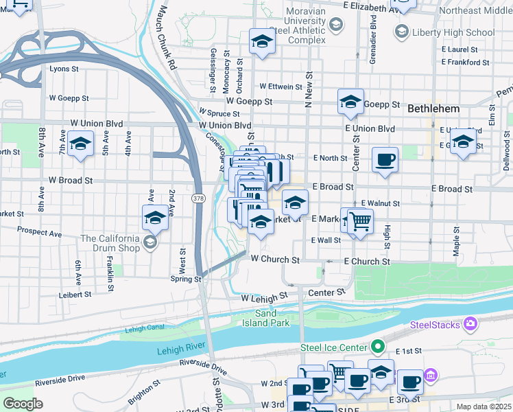 map of restaurants, bars, coffee shops, grocery stores, and more near 532 Main Street in Bethlehem